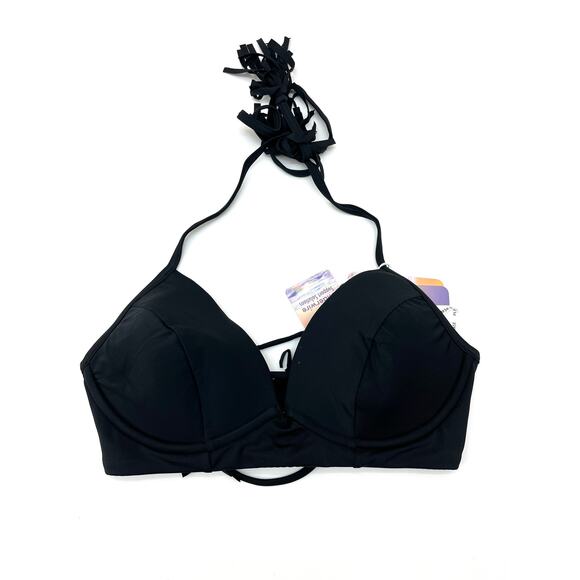 Coco Rave Underwire Black Wild & Fringe Lace Up Black Bikini Top Small 32 C - Picture 1 of 4